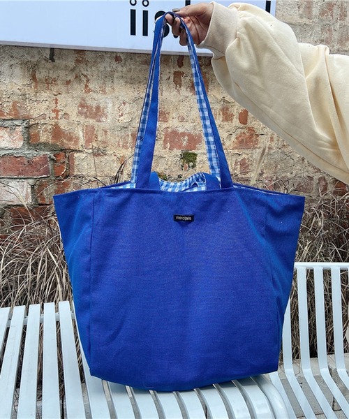 STYLEBLOCK（スタイルブロック）の「ギンガムチェック×無地リバーシブル2WAYトートバッグ（トートバッグ・レディース・ブルー/ブラック/カーキ/ピンク/イエロー・FREE）」の9枚目の写真