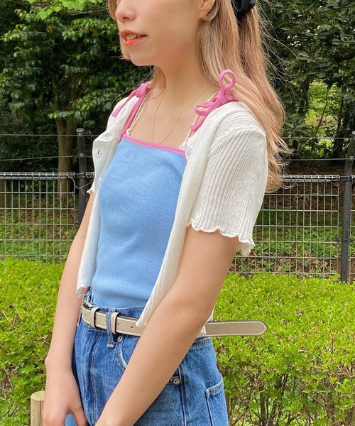 WEGO（ウィゴー）の「WEGO/フラワーボタンショートスリーブカーディガン（カーディガン/ボレロ・レディース・サックスブルー/ライトパープル/ブラック/ホワイト・FREE）」の3枚目の写真