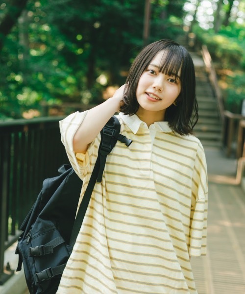 nemne store(ネンネストア)の「おひさまの香るボーダーラガーシャツ(Tシャツ/カットソー・レディース・カーキ/イエロー/モカ・フリー)」の1枚目の写真