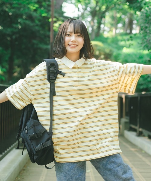 nemne store(ネンネストア)の「おひさまの香るボーダーラガーシャツ(Tシャツ/カットソー・レディース・カーキ/イエロー/モカ・フリー)」の3枚目の写真