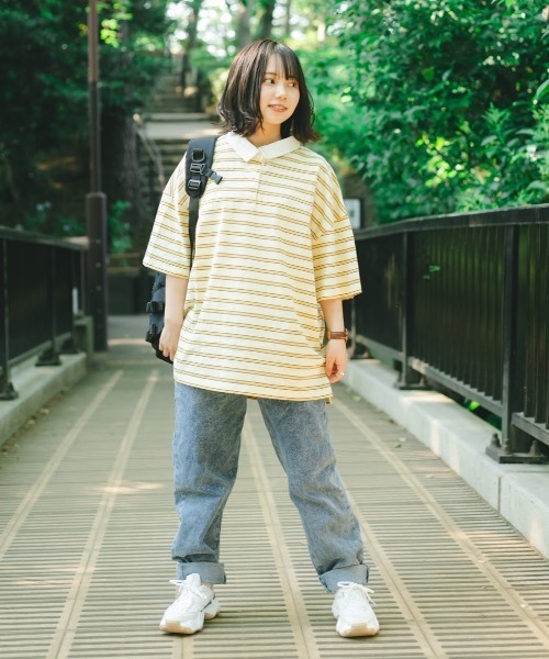 nemne store(ネンネストア)の「おひさまの香るボーダーラガーシャツ(Tシャツ/カットソー・レディース・カーキ/イエロー/モカ・フリー)」の11枚目の写真
