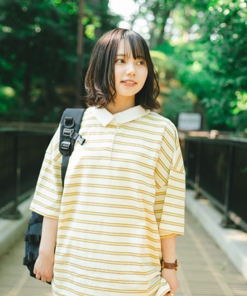 nemne store(ネンネストア)の「おひさまの香るボーダーラガーシャツ(Tシャツ/カットソー・レディース・カーキ/イエロー/モカ・フリー)」の14枚目の写真