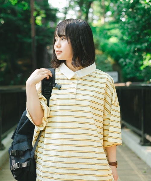 nemne store(ネンネストア)の「おひさまの香るボーダーラガーシャツ(Tシャツ/カットソー・レディース・カーキ/イエロー/モカ・フリー)」の15枚目の写真