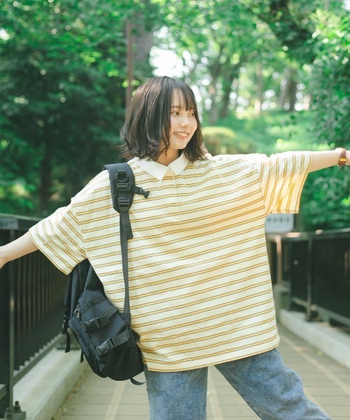 nemne store(ネンネストア)の「おひさまの香るボーダーラガーシャツ(Tシャツ/カットソー・レディース・カーキ/イエロー/モカ・フリー)」の21枚目の写真