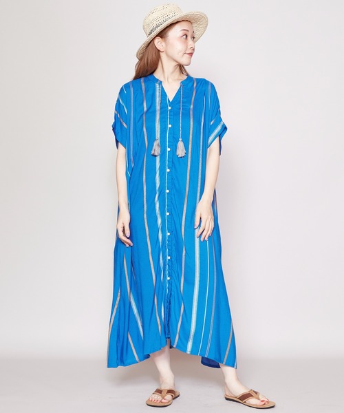 チャイハネ(チャイハネ)の「【チャイハネ】ストライプ織りワンピース(シャツワンピース・レディース・ホワイト/オレンジ/ブルー・FREE)」の2枚目の写真