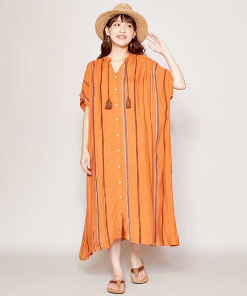チャイハネ(チャイハネ)の「【チャイハネ】ストライプ織りワンピース(シャツワンピース・レディース・ホワイト/オレンジ/ブルー・FREE)」の10枚目の写真