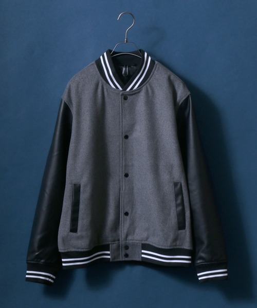ANPAS(アンパス)の「Wool Melton Varsity Jacket/ウールメルトン 袖フェイクレザー スタジャン(スタジャン・メンズ・グレー/ブラック/ネイビー・M/L/XL)」の1枚目の写真