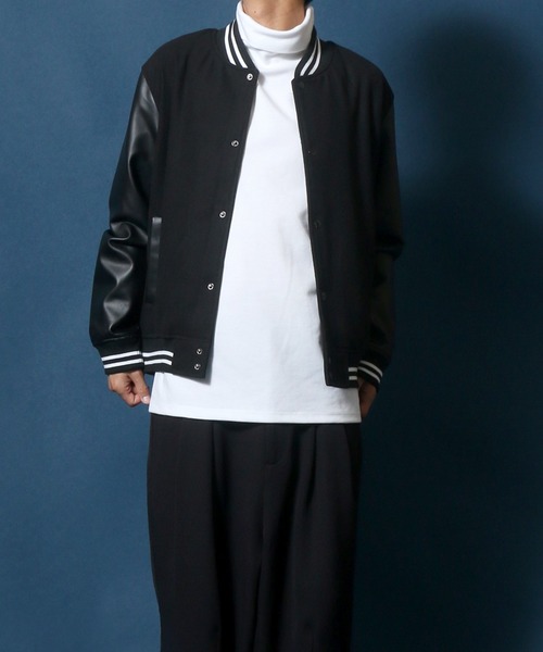 ANPAS(アンパス)の「Wool Melton Varsity Jacket/ウールメルトン 袖フェイクレザー スタジャン(スタジャン・メンズ・グレー/ブラック/ネイビー・M/L/XL)」の6枚目の写真