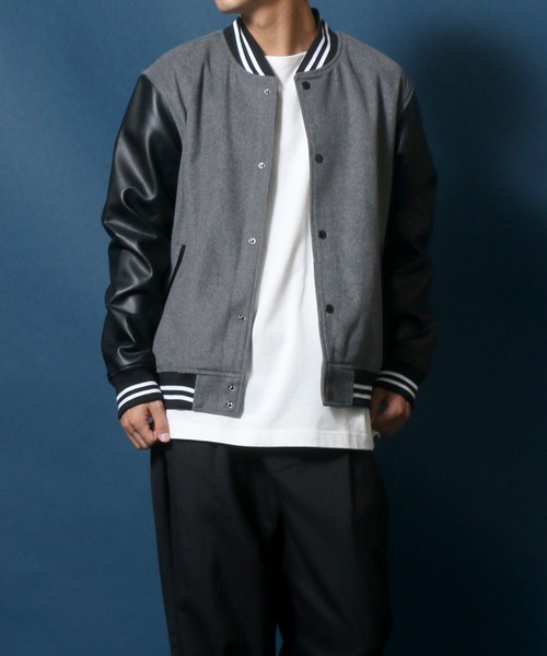 ANPAS(アンパス)の「Wool Melton Varsity Jacket/ウールメルトン 袖フェイクレザー スタジャン(スタジャン・メンズ・グレー/ブラック/ネイビー・M/L/XL)」の5枚目の写真