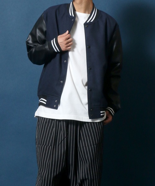 ANPAS(アンパス)の「Wool Melton Varsity Jacket/ウールメルトン 袖フェイクレザー スタジャン(スタジャン・メンズ・グレー/ブラック/ネイビー・M/L/XL)」の4枚目の写真