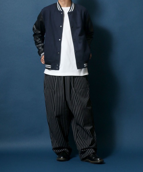 ANPAS(アンパス)の「Wool Melton Varsity Jacket/ウールメルトン 袖フェイクレザー スタジャン(スタジャン・メンズ・グレー/ブラック/ネイビー・M/L/XL)」の7枚目の写真