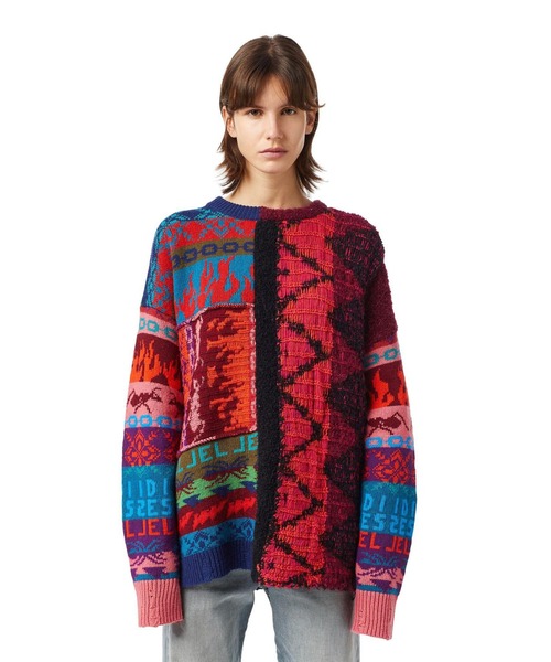 レディース ニット カーディガン ウール ワイドフィット マルチカラー