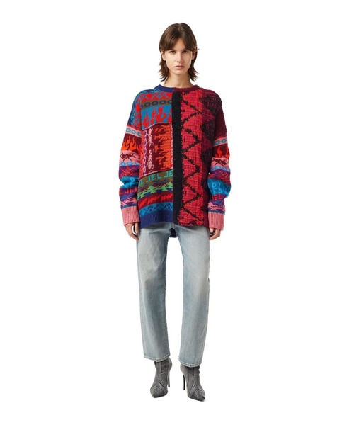 レディース ニット カーディガン ウール ワイドフィット マルチカラー