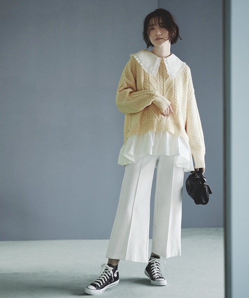 RUIRUE BOUTIQUE(ルイルエブティック)の「2way | 着脱ビックフリルカラー付きケーブルニットシャツ | ケーブルニット クルーネック トップス リブニット 長袖 ベーシック シンプル(ニット/セーター・レディース・ベージュ/杢グレー/アイボリー・M/L)」の4枚目の写真