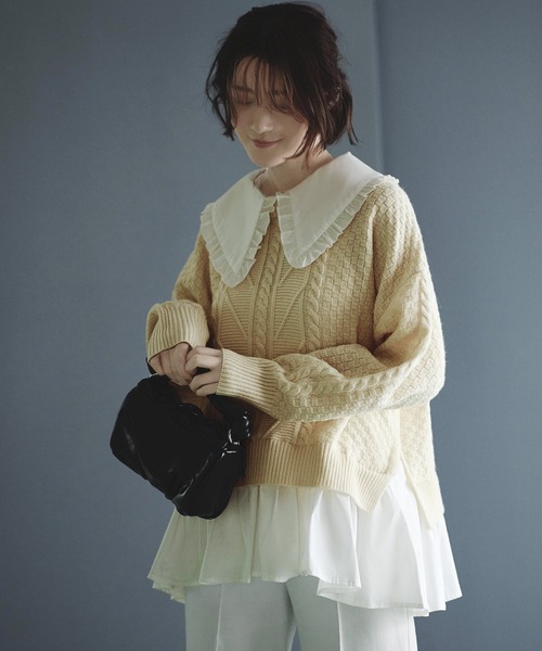 RUIRUE BOUTIQUE(ルイルエブティック)の「2way | 着脱ビックフリルカラー付きケーブルニットシャツ | ケーブルニット クルーネック トップス リブニット 長袖 ベーシック シンプル(ニット/セーター・レディース・ベージュ/杢グレー/アイボリー・M/L)」の14枚目の写真