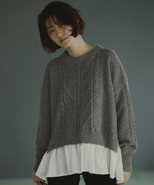 RUIRUE BOUTIQUE(ルイルエブティック)の「2way | 着脱ビックフリルカラー付きケーブルニットシャツ | ケーブルニット クルーネック トップス リブニット 長袖 ベーシック シンプル(ニット/セーター・レディース・ベージュ/杢グレー/アイボリー・M/L)」の8枚目の写真