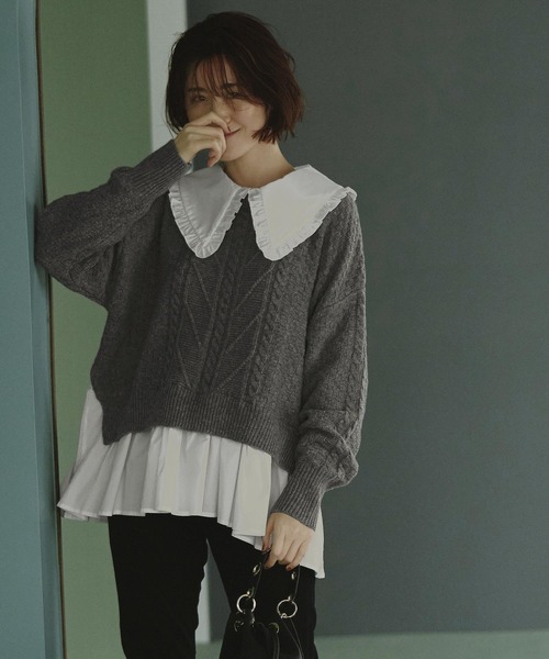 RUIRUE BOUTIQUE(ルイルエブティック)の「2way | 着脱ビックフリルカラー付きケーブルニットシャツ | ケーブルニット クルーネック トップス リブニット 長袖 ベーシック シンプル(ニット/セーター・レディース・ベージュ/杢グレー/アイボリー・M/L)」の18枚目の写真