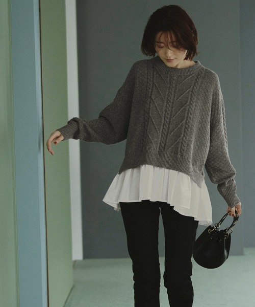 RUIRUE BOUTIQUE(ルイルエブティック)の「2way | 着脱ビックフリルカラー付きケーブルニットシャツ | ケーブルニット クルーネック トップス リブニット 長袖 ベーシック シンプル(ニット/セーター・レディース・ベージュ/杢グレー/アイボリー・M/L)」の5枚目の写真