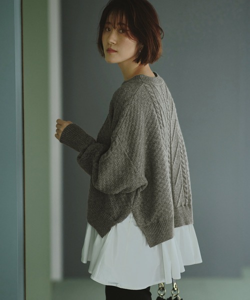 RUIRUE BOUTIQUE(ルイルエブティック)の「2way | 着脱ビックフリルカラー付きケーブルニットシャツ | ケーブルニット クルーネック トップス リブニット 長袖 ベーシック シンプル(ニット/セーター・レディース・ベージュ/杢グレー/アイボリー・M/L)」の12枚目の写真