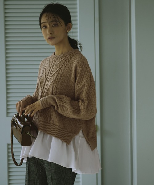 RUIRUE BOUTIQUE(ルイルエブティック)の「2way | 着脱ビックフリルカラー付きケーブルニットシャツ | ケーブルニット クルーネック トップス リブニット 長袖 ベーシック シンプル(ニット/セーター・レディース・ベージュ/杢グレー/アイボリー・M/L)」の9枚目の写真