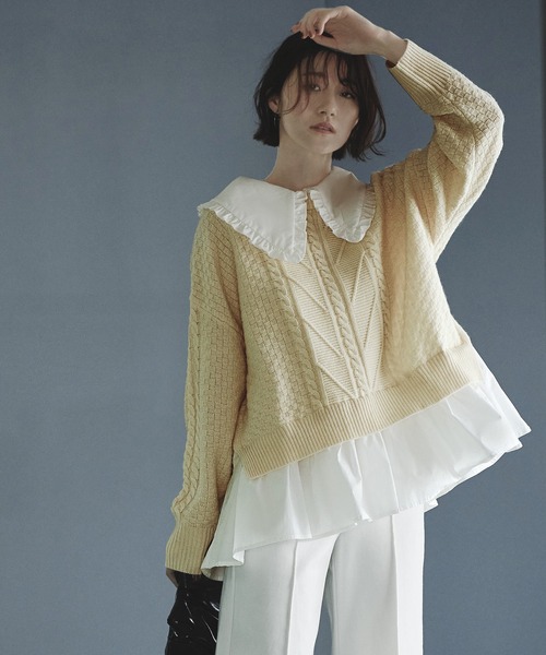 RUIRUE BOUTIQUE(ルイルエブティック)の「2way | 着脱ビックフリルカラー付きケーブルニットシャツ | ケーブルニット クルーネック トップス リブニット 長袖 ベーシック シンプル(ニット/セーター・レディース・ベージュ/杢グレー/アイボリー・M/L)」の21枚目の写真