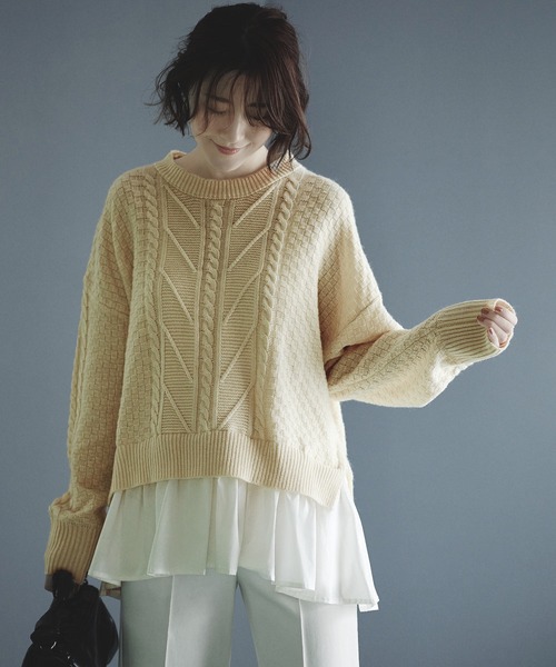 RUIRUE BOUTIQUE(ルイルエブティック)の「2way | 着脱ビックフリルカラー付きケーブルニットシャツ | ケーブルニット クルーネック トップス リブニット 長袖 ベーシック シンプル(ニット/セーター・レディース・ベージュ/杢グレー/アイボリー・M/L)」の17枚目の写真