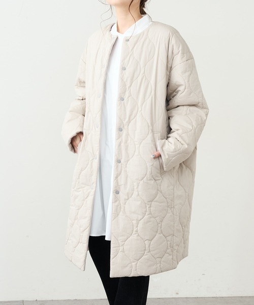 PUAL CE CIN（ピュアルセシン）の「ウール混ライトモッサリバーシブルキルトコート（ノーカラーコート・レディース・チャコールグレー/ベージュ/ライトベージュ・FREE）」の3枚目の写真