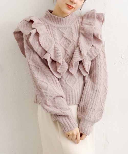 OLIVE des OLIVE（オリーブデオリーブ）の「フリルケーブルニット（ニット/セーター・レディース・ブラック/オフホワイト/ラベンダー・FREE）」の3枚目の写真