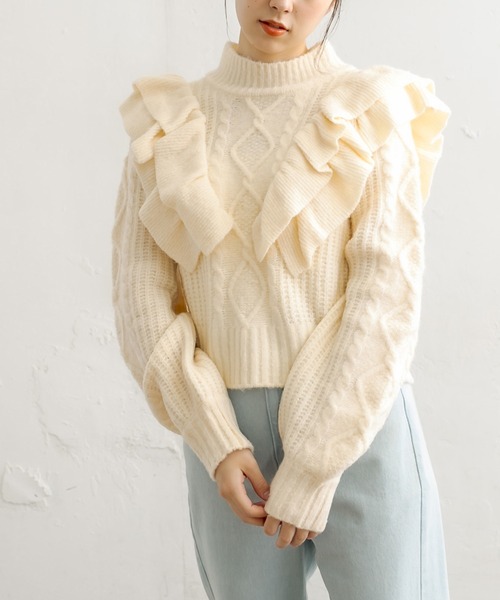 OLIVE des OLIVE（オリーブデオリーブ）の「フリルケーブルニット（ニット/セーター・レディース・ブラック/オフホワイト/ラベンダー・FREE）」の7枚目の写真