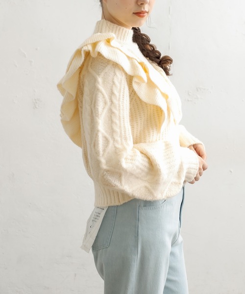 OLIVE des OLIVE（オリーブデオリーブ）の「フリルケーブルニット（ニット/セーター・レディース・ブラック/オフホワイト/ラベンダー・FREE）」の8枚目の写真