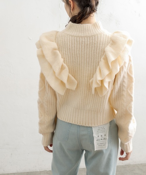 OLIVE des OLIVE（オリーブデオリーブ）の「フリルケーブルニット（ニット/セーター・レディース・ブラック/オフホワイト/ラベンダー・FREE）」の9枚目の写真