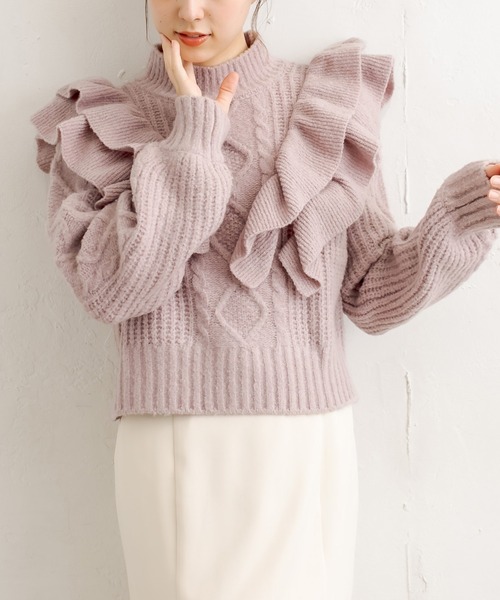 OLIVE des OLIVE（オリーブデオリーブ）の「フリルケーブルニット（ニット/セーター・レディース・ブラック/オフホワイト/ラベンダー・FREE）」の13枚目の写真