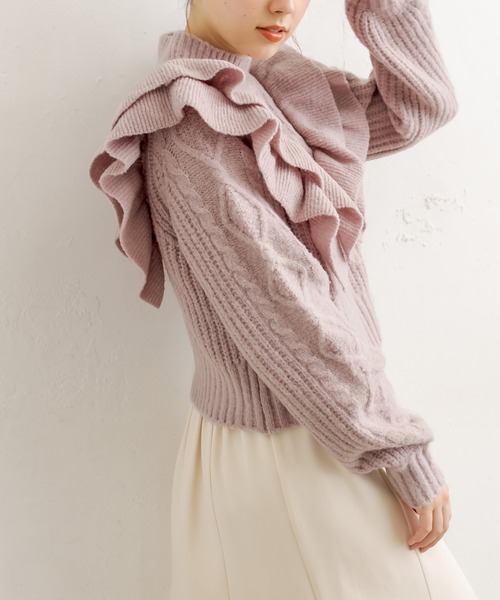 OLIVE des OLIVE（オリーブデオリーブ）の「フリルケーブルニット（ニット/セーター・レディース・ブラック/オフホワイト/ラベンダー・FREE）」の14枚目の写真