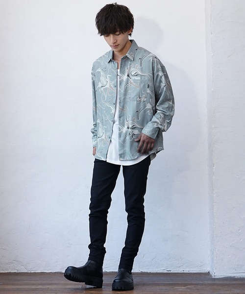 MinoriTY（マイノリティ）の「【MinoriTY】とろみジョーゼットリラックス長袖シャツ オーバーサイズ メンズ 柄シャツ 秋服 ルーズフィット（シャツ/ブラウス・メンズ・ブラック/グレー/ブルー/グリーン/ブラック系その他・M/L）」の20枚目の写真