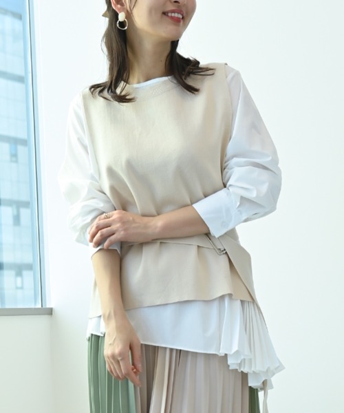 INTERPLANET（インタープラネット）の「ニットベスト付きアシメプリーツブラウス（シャツ/ブラウス・レディース・ブラック/ベージュ/グレー/グリーン・FREE）」の4枚目の写真