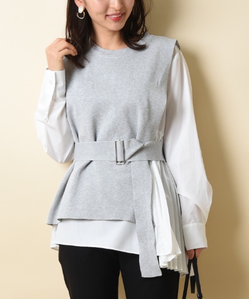 INTERPLANET（インタープラネット）の「ニットベスト付きアシメプリーツブラウス（シャツ/ブラウス・レディース・ブラック/ベージュ/グレー/グリーン・FREE）」の3枚目の写真