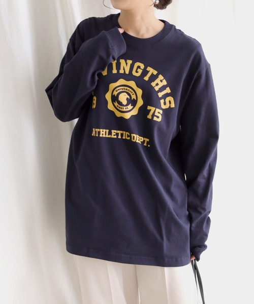 HER CLOSET(ハークローゼット)の「【shemoshelly】WEB限定ビッグシルエットカレッジロゴロンT【ユニセックス】(Tシャツ/カットソー・レディース・ホワイト/チャコールグレー/ブラック/ネイビー/グリーン/杢グレー・M/L/XL)」の9枚目の写真