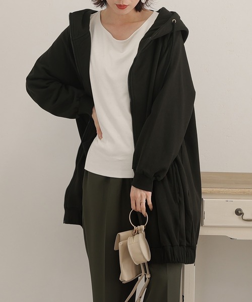 ElegChic（エレグシック）の「裏起毛ビックシルエットフルジップパーカー（パーカー・レディース・ライトベージュ/ライトカーキ/ブラック/杢グレー・M/4L/XL）」の5枚目の写真