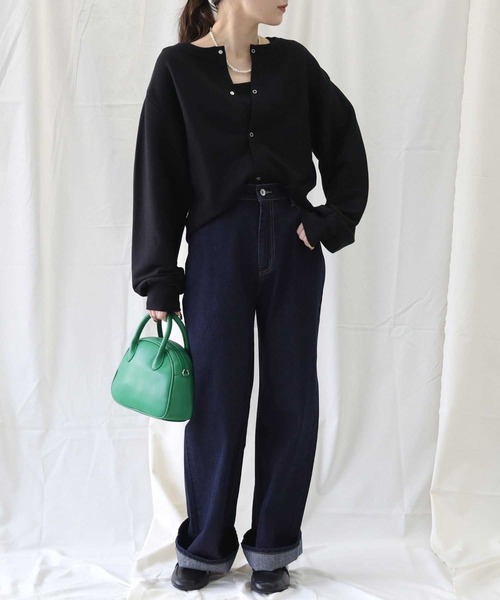 HONEYSUCKLE ROSE（ハニーサックルローズ）の「【HONEYSUCKLE ROSE】テレコスナップカーディガン（カーディガン/ボレロ・レディース・ブラック/グリーン/キナリ・M/L）」の2枚目の写真