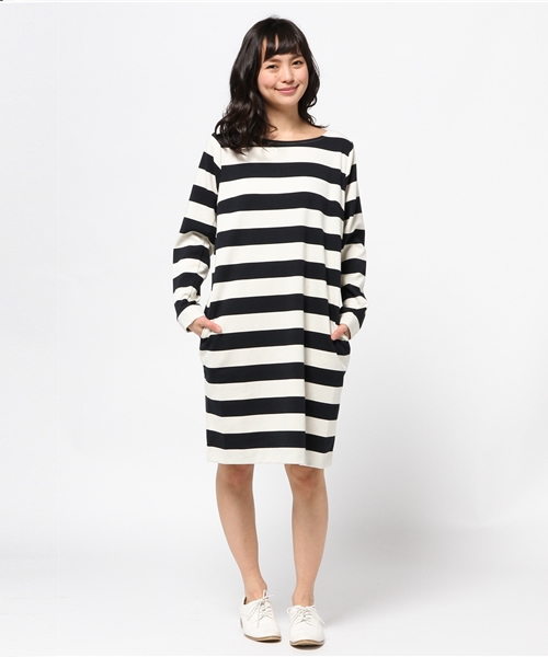 earth music&ecology（アースミュージックアンドエコロジー）の「ポンチボーダーワンピース（ワンピース・レディース・アイボリー/杢グレー/ダークブルー・SMALL/MEDIUM）」の7枚目の写真