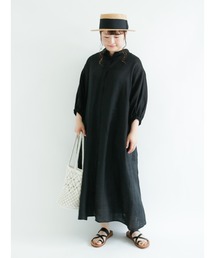 リネンパフスリーブシャツワンピース