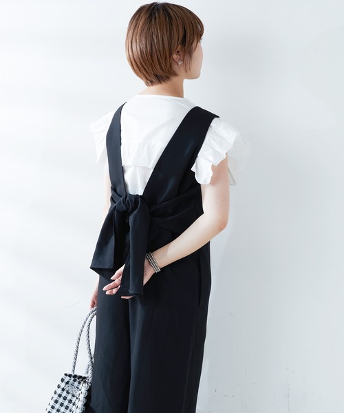 natural couture（ナチュラルクチュール）の「WEB限定サイズあり/バックリボンおしゃれワイドサロペ（サロペット/オーバーオール・レディース・ブラック/ブラウン/ベージュ・SMALL/MEDIUM）」の18枚目の写真