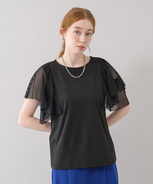 ROSIEE（ロージー）の「ROSIEE 異素材切替フリルトップス（Tシャツ/カットソー・レディース・ブラック/ホワイト・FREE）」の2枚目の写真