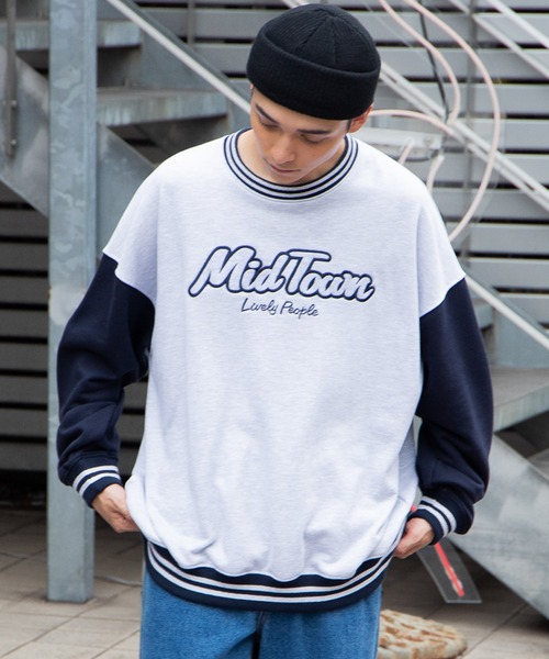 WEGO（ウィゴー）の「WEGO/ヘビーウエイト バイカラースリーブロゴプルオーバー（スウェット・メンズ・ブラック/グレー系その他/ネイビー/グレー・LARGE/MEDIUM）」の5枚目の写真