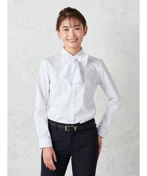 Perfect Suit FActory（パーフェクトスーツファクトリー）の「フレッシャーズ　2WAYリボン　レギュラー（ビジネスシャツ・レディース・ライトピンク/ホワイト/サックスブルー・11号/13号/15号/7号/5号/9号）」の2枚目の写真