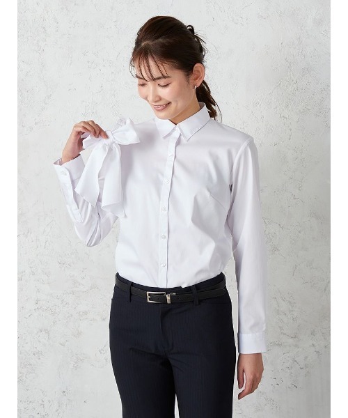 Perfect Suit FActory（パーフェクトスーツファクトリー）の「フレッシャーズ　2WAYリボン　レギュラー（ビジネスシャツ・レディース・ライトピンク/ホワイト/サックスブルー・11号/13号/15号/7号/5号/9号）」の4枚目の写真