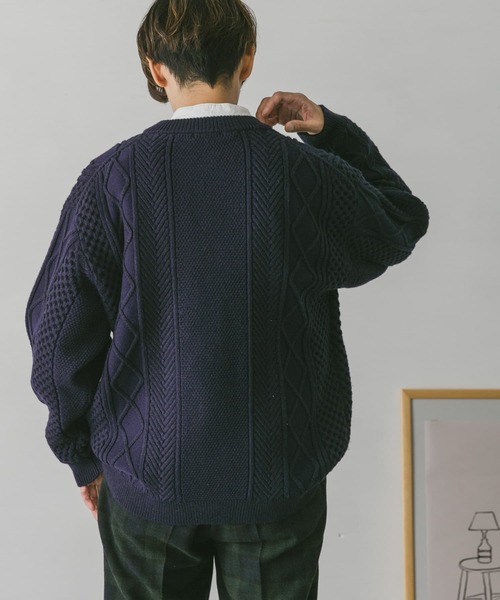 セール】アラン編みクルーネックニットカーディガン（カーディガン