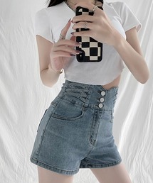 ハイウエストレースアップデニムショートパンツ