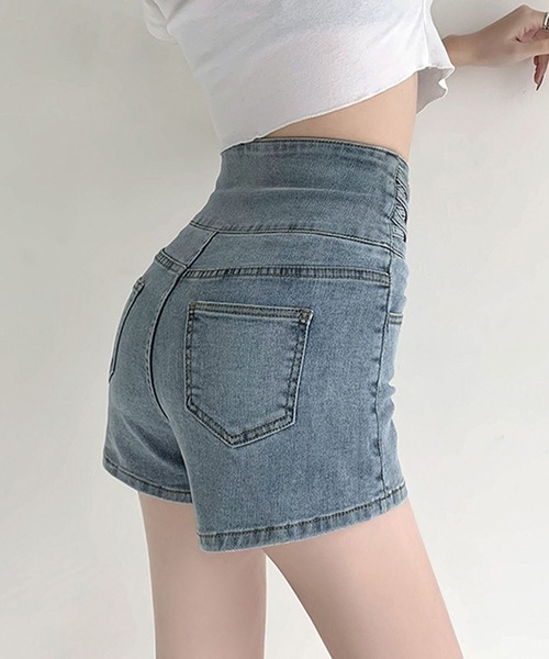 ハイウエストレースアップデニムショートパンツ（デニムパンツ