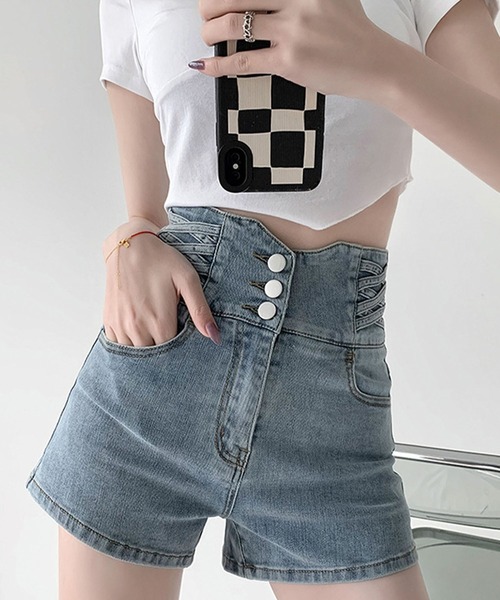 ハイウエストパールセミワイドデニム ボトムス デニムパンツ